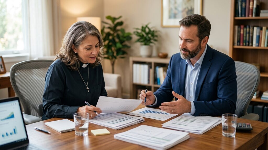 Clergy member reviewing housing allowance, tax, and retirement planning