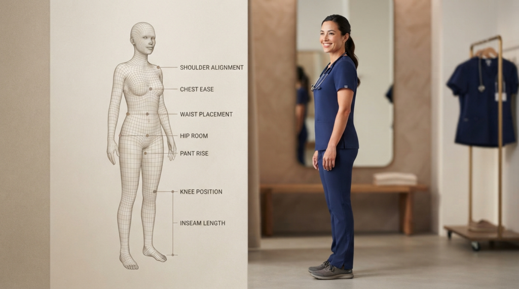 Visual scrub fit map showing shoulder, chest, waist, hip, rise, and inseam checkpoints