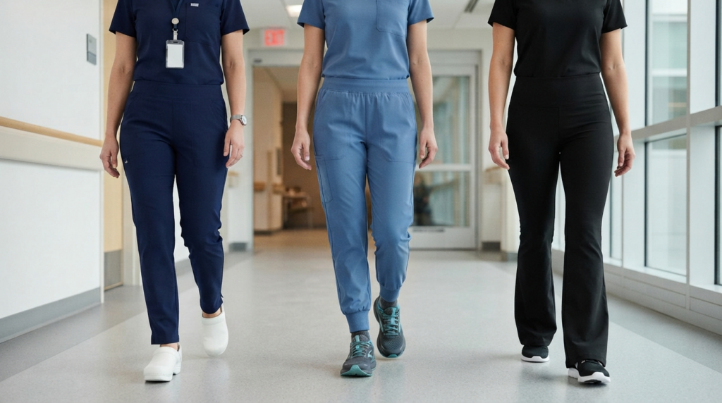 Three medical scrub pant silhouettes demonstrating tapered, jogger, and flare fits