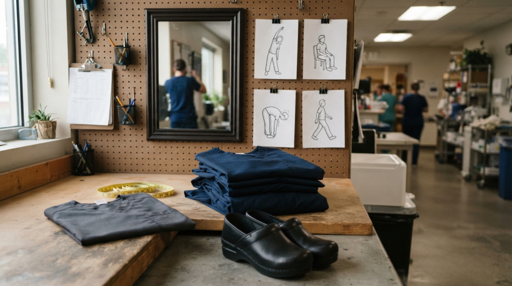 Practical scrub fitting station with movement test cards, measuring tape, shoes, and folded garments